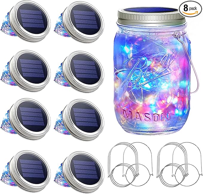 SunKite Solar Mason Jar Lights [Updated], 8 Pack 20 LED Waterproof Fairy Firefly Jar Lids String Lights with Hangers(NO Jars), Patio Yard Garden Wedding Decoration(Multi-Colored)
