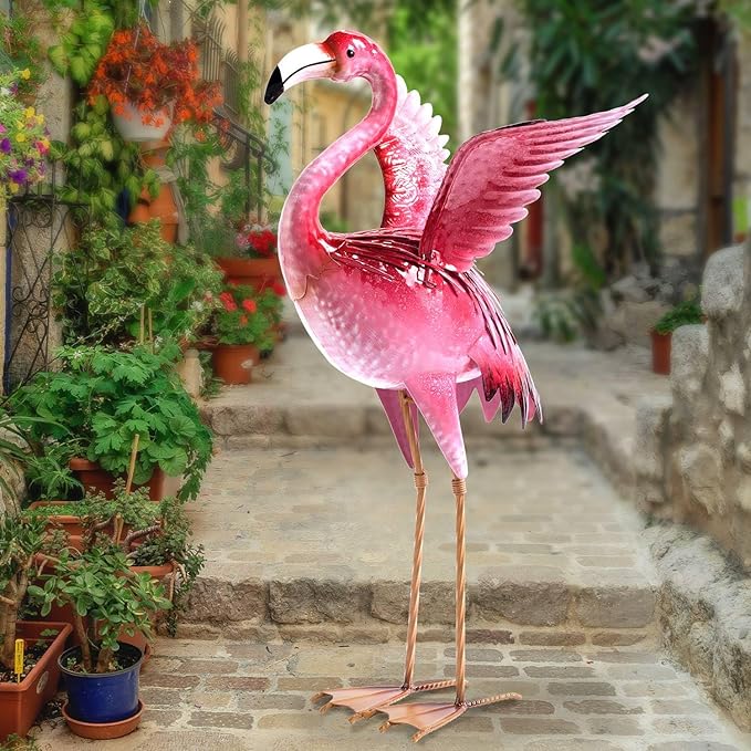 Natelf Garden Flamingo Statues and Sculptures, Outdoor Metal Bird Yard Art, Pink Flamingos Lawn Ornament for Patio Backyard Porch Decorations