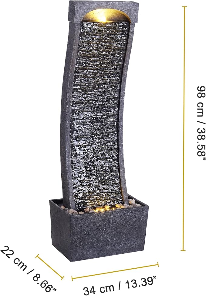 Teamson Home 38.58 in. Modern Curved Faux Slate Waterfall Fountain for Indoors or Outdoors with LED Light Accents and 1.98-Gallon Pump, Black and Stone Gray