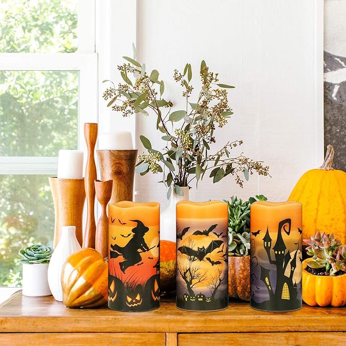 Halloween Real Wax LED Flameless Flickering Candles with 6H Timer, 3 Pcs Pillar Battery Operated Candle Sticks with Halloween Decal for Home Decor(3”x6”)