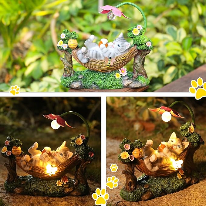 Afirst Solar Cat Statue Garden Figurine, Resin Figurine with Solar Lights Outdoor Decorations for Lawn, Patio, Balcony, Yard Ornament
