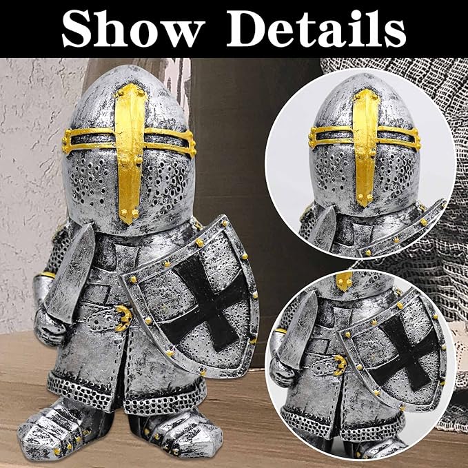nezababy Knight Gnomes Guard Garden Statue Decoration Medieval Wee Crusader Battle Swordsman Fighting Outdoor Figurines Lawn Decor Resin (C)