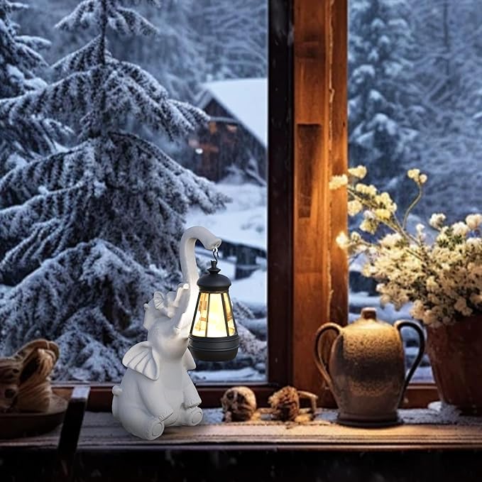 Statue Decoration, Figurine, Lawn Statue, Sculpture Ornament, Animal Figurine - Elephant Resin Statue with Lantern (Trunk)