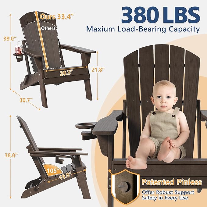 Folding Adirondack Chair Set of 2 with Cup Holder, HDPE All Weather Resistant Plastic Outdoor Patio Chairs, Heavy Duty Fire Pit Seating for Backyard Lawn Garden, Wooden Textured Design(Coffee)