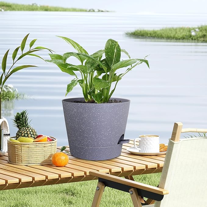 12 inch Large Self Watering Pots for Indoor Outdoor Plants, Plant Pots with Mesh Drainage Holes for Garden House Plants, Plastic Planters with Reservoir for Flower, Speckled Grey