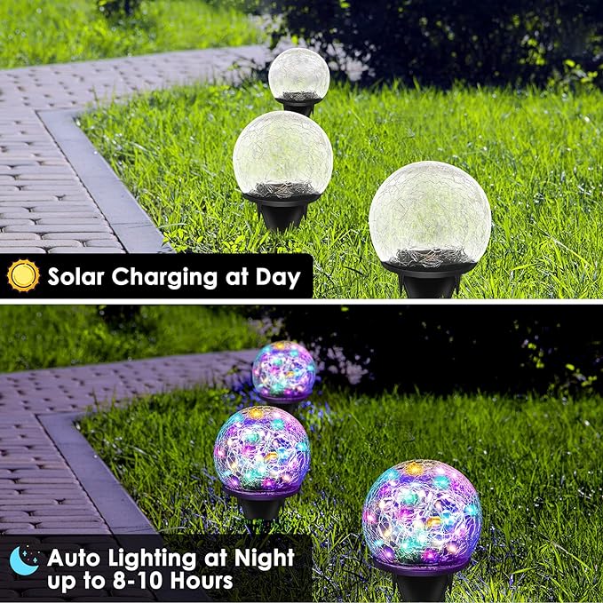 Solar Garden Lights - 2 Pack 80 LED Multi-Color Cracked Glass Outdoor Decorative Lights for Yard, Pathway, Patio, Lawn & Christmas Decor - 5.9"
