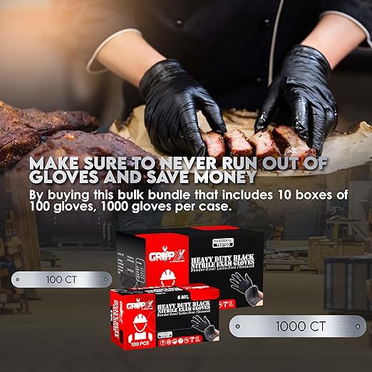 Heavy Duty 6 Mil Black Nitrile Gloves - Disposable, Latex & Powder Free | Mechanic, Food Prep & Tattoo | Rubber Gloves for Cooking, Cleaning & Household | Pack of (100)