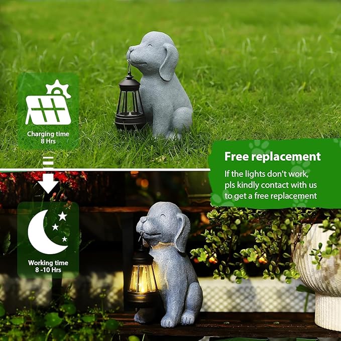 Solar Dog Statues for Garden Decorations Solar Garden Statues for Patio, Balcony, Yard Ornament Unique Housewarming Gifts Figurine Lights, Gray