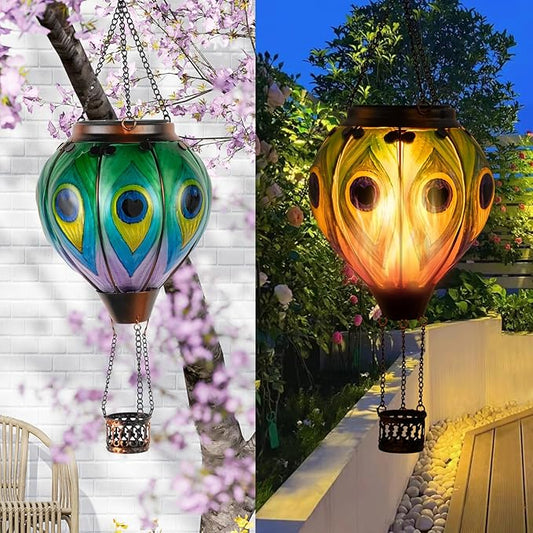 Peacock Hot Air Balloon Hanging Solar Lantern Lights, Flickering Flame Solar LED Candle Lights Outdoor Garden Decorative Metal & Glass Waterproof Lanterns for Yard Patio Farmhouse Decoration