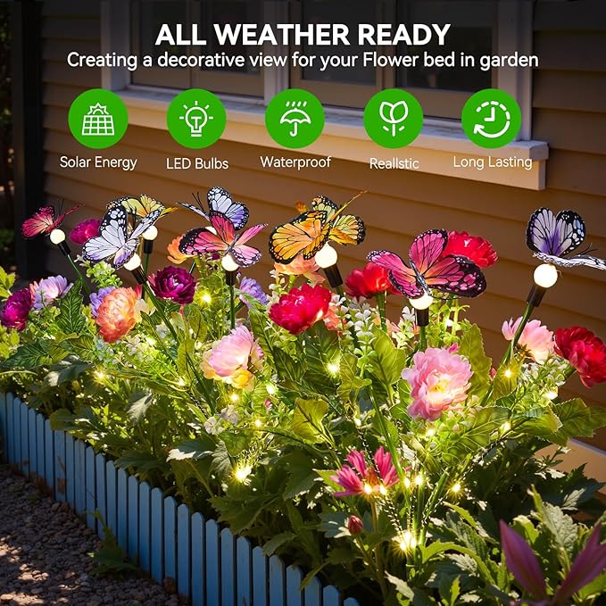 Solar Flowers Lights Outdoor Waterproof, 6 Pack 2 in 1 Solar Butterfly Bouquet for Garden Decor, LED Warm Lighting Garden Lights Outdoor for Pathway Yard Patio Decoration