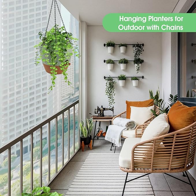 Hanging Planters for Indoor Outdoor Plants, 2 Pack Self Watering Hanging Pot with Drainage Holes, Removable Tray & 2 Kinds of Plant Hangers, 10'' Hanging Flower Pots for Home Garden Decor, Green