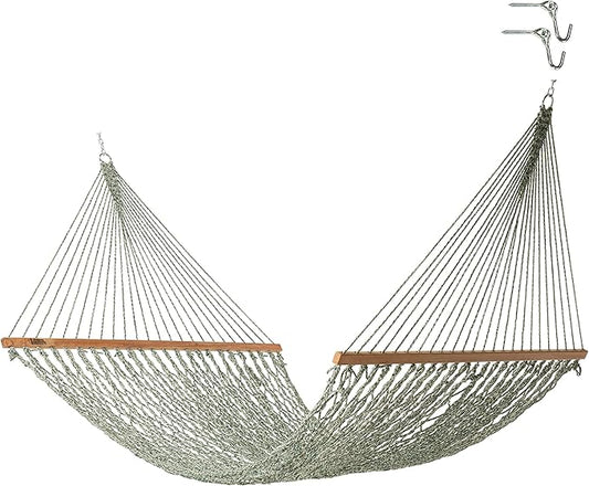 Hatteras Hammocks Deluxe Green Oatmeal Heirloom Tweed DuraCord Rope Hammock – 13 ft. x 60 in., 2-Person, 450 lb Capacity, Cumaru Spreader Bar, Zinc-Plated Hardware – Handcrafted in The USA
