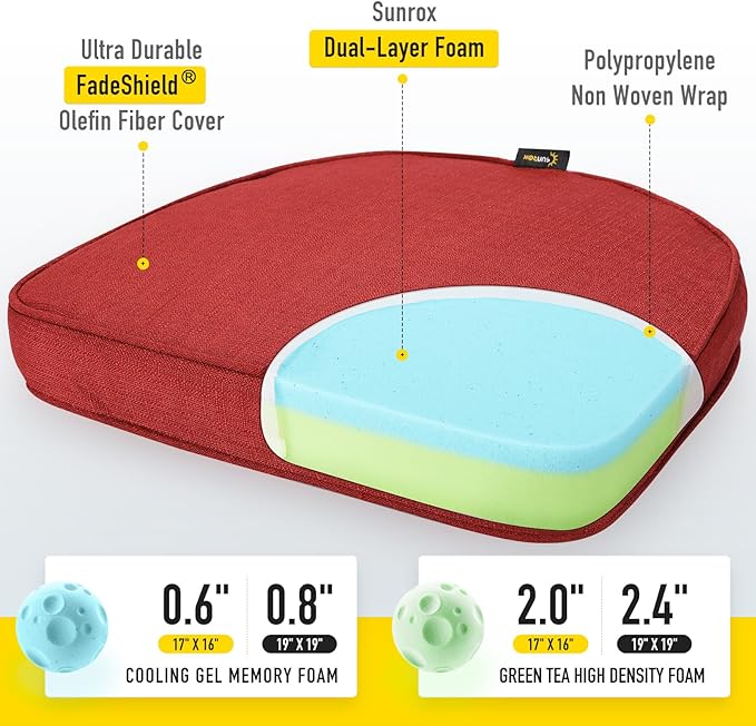 SUNROX Gel Memory Foam Chair Cushions, FadeShield Water-, Stain-Resistant Durable Reversible Seat Cushion Pads with Ties for Indoor/Outdoor Kitchen Dining Office, 19"x19", Set of 2, Burgundy