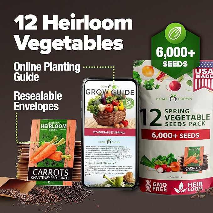 HOME GROWN 6000 Vegetable Seeds for Planting: 12 Spring Varieties of Garden Vegetables in Seed Packets, Garden Seeds for Garden Plants or Hydroponic Seeds - Heirloom Seeds - Non GMO