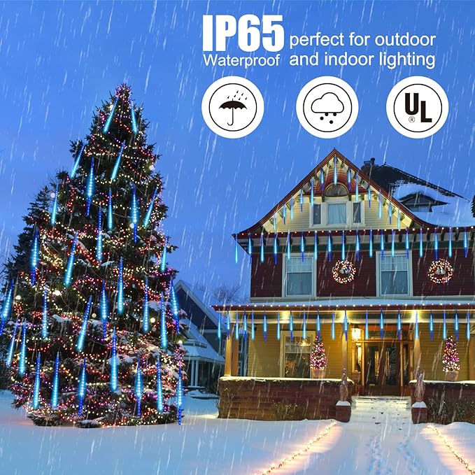 Solar Meteor Shower Lights Outdoor - 576 LED Rain Drop Lights with 16 Tubes, 16 Inches - Solar Powered Christmas Decorations for Tree Bushes Holiday Party Christmas Decor, Blue