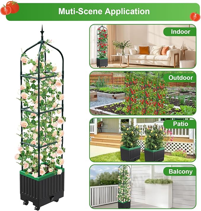 Raised Garden Bed Planter Boxes with Trellis,1pcs 70.9"Self-Watering Tomato Planter Boxes with Trellis for Climbing Vegetables Plants Flowers Tomato with Wheels,Use for Indoor Outdoor (Black)