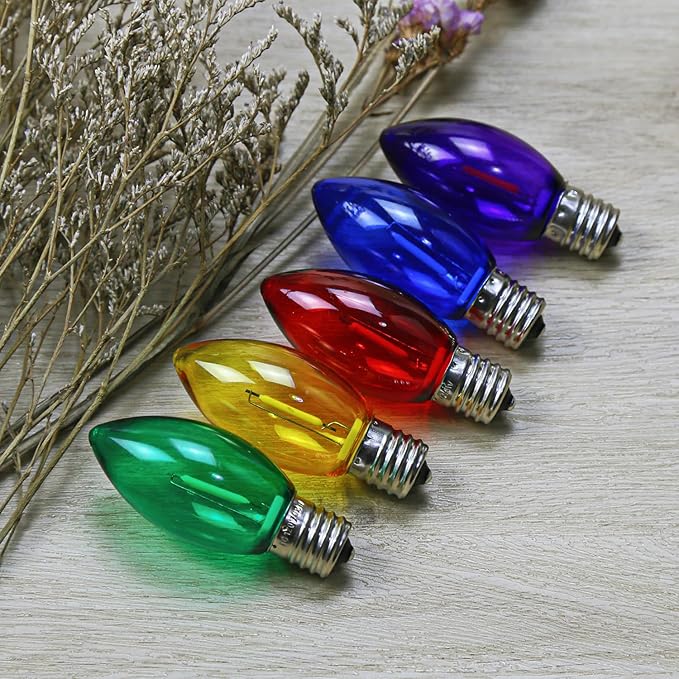 25 Pack C9 LED Replacement Christmas Light Bulbs Multicolor, Waterproof Shatterproof Outdoor String Lights Vintage LED Filament Bulb, E17 Base, Commercial Grade Holiday Decoration Bulbs