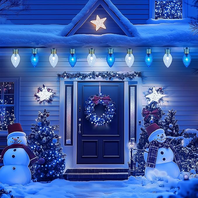 Moonflor Strawberry Jumbo C9 Christmas Pathway Lights Outdoor - 2Pack Total 17FT 10 LED C9 Walkway Light, Christmas Decoration Outside,Christmas Lights Outdoor for Lawn Yard Holiday, Blue & Pure White