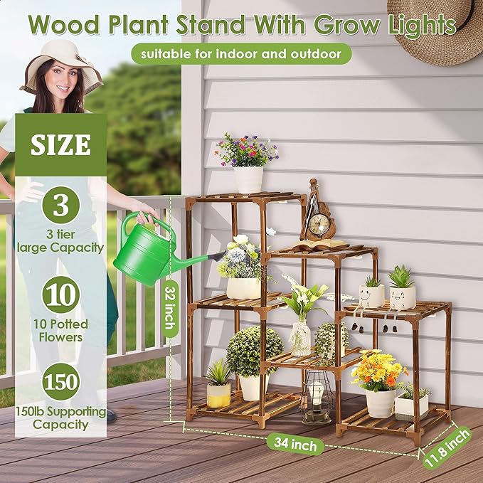 Plant Stand with Grow Lights Indoor, 7 Tiers Shape Plant Shelf with Light Full Spectrum Led Grow Light, Timer Function and Brightness Adjustment, Wood Plant Stand Indoor for Corner Living Room