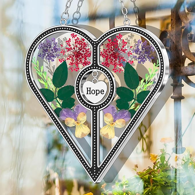 KY&BOSAM Heart Suncatcher Hope Stained Glass Panels for Windows Hangings Wind Chime with Pressed Real Flower Heart Embedded in Glass Friend Gifts- Birthday Gifts for Women Mother`s Day Christmas Decor