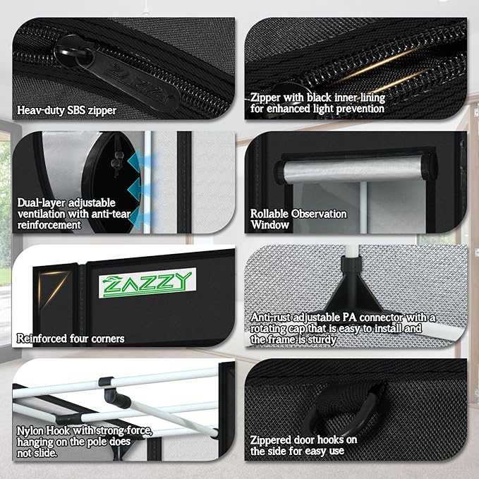 zazzy Grow Tent, 60"x60"x78" Hydroponic Grow Tents Heavy Duty Dark Room Grow Tent Reflective Mylar Grow Tent with Window & Floor Tray for Indoor Plant Growing