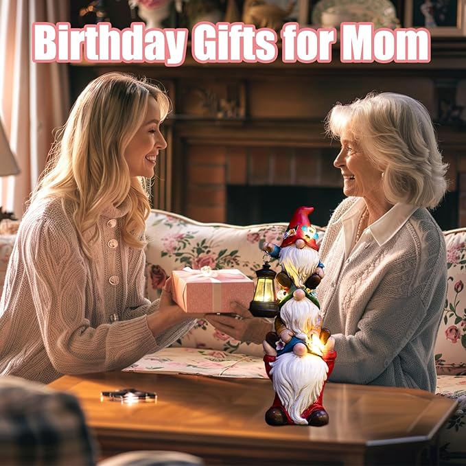 Garden Gnome Statue with Solar Lights Large Garden Sculptures Funny Triple Gnome Outdoor Patio Lawn Yard Balcony Garden Home Decor Gifts for Women Mom 12 in Spring Summer Gnomes Outdoor