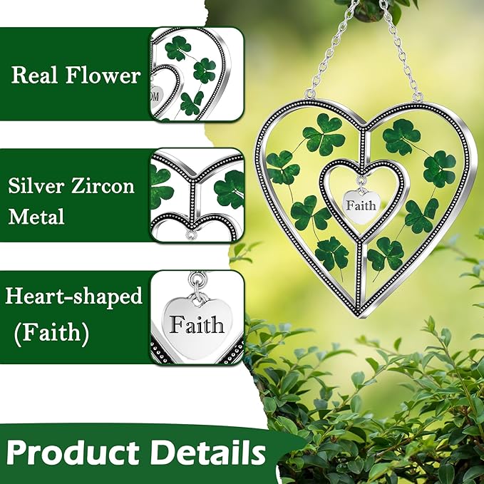 KY&BOSAM Shamrock Heart Suncatcher Faith Suncatcher St Patrick's Day Decoration Grandma Gifts for Windows Hangings Wind Chime with Pressed Flower Gifts for Mom Mother`s Day Valentine's