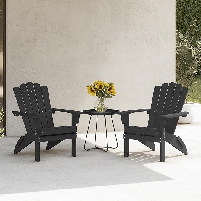 Folding HDPE Adirondack Chair Set of 2, Weather-Resistant Patio Chair with Wide Armrests & High Backrest, Fire Pit Chair for Garden, Backyard, Porch - Black