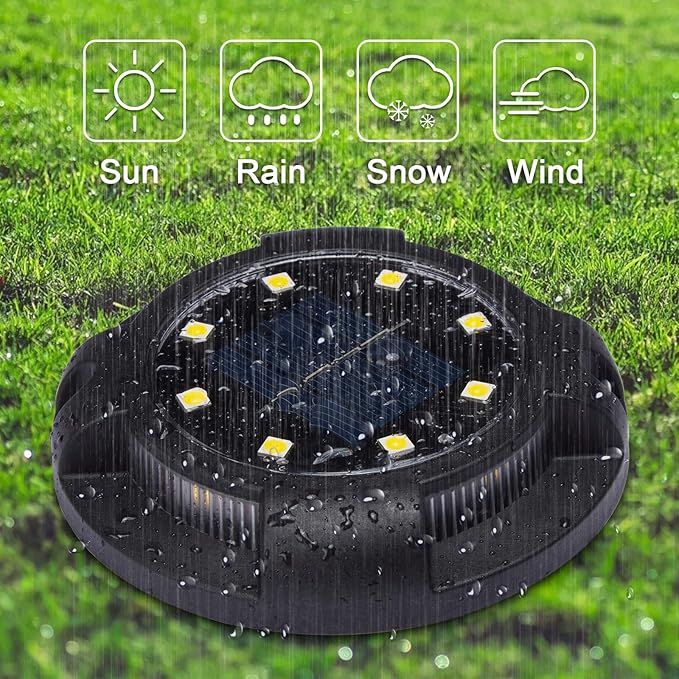 Solar Ground Lights Outdoor 8 Packs 12 LED Disk Lights Solar Powered Waterproof New In-ground Lights For Garden Deck Stair Step Lawn Patio Driveway Walkway Pathway Yard decoration(8 Pack, Warm Light)