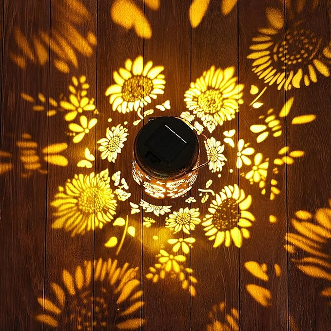 Sunflower Solar Lanterns Garden Decor, Birthday Gifts for Women Mom Grandma Metal Hanging Solar Lights Waterproof Outdoor Decoration LED Lanterns with Shepherd Hook for Outside Garden Yard Patio
