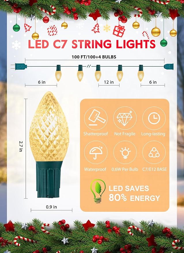 C7 LED Lights Warm White Christmas Lights Outdoor, 100FT C7 Christmas String Lights with 100 Plastic Bulbs, Traditional Hanging Holiday Lights for Christmas Tree Patio Fence Roofline Xmas Decorations