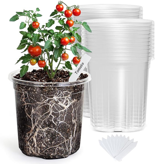 Bonviee 1 Gallon Clear Nursery Pots, 6.7 Inch Plastic Seedling Pots with Drainage Holes, Planters for Indoor Plants and Small Seed Starters, High Transparency Flower Pots with 10 Plant Labels, 20 Pack
