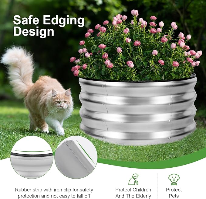 Galvanized Raised Garden Bed- 2Pcs 2x2x1FT Metal Planter Boxes Outdoor | Round Steel Raised Bed Kit & Fire Pit Ring for Gardening with Protective Tape, Gloves for Vegetables, Flower (Sliver)