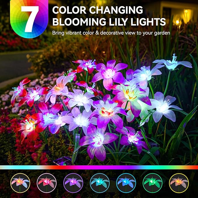 WdtPro 2025 Upgraded Solar Lights Outdoor 6 Pack, Solar Garden Lights with 24 Blooming Lily RGB Light, 7 Color Changing Waterproof Solar Flower Lights for Outside Yard, Patio Decor Gifts