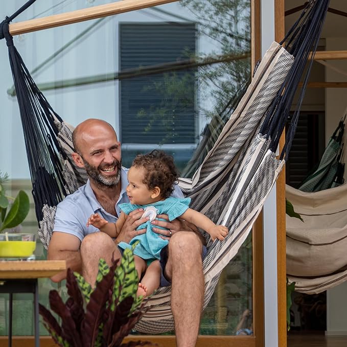 LA SIESTA - XL King Habana Cotton Hammock & Romano Steel Stand - Indoor Outdoor Hanging Chair Swing for Bedroom Porch Balcony - Boho Zebra