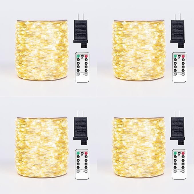 Fairy Lights Plug in,4Pack 100FT 300 LEDs Waterproof Led String Lights,Twinkle Light with 8 Modes Remote for Outdoor Indoor Christmas Wedding Birthday Garden Party Decorations,Warm White