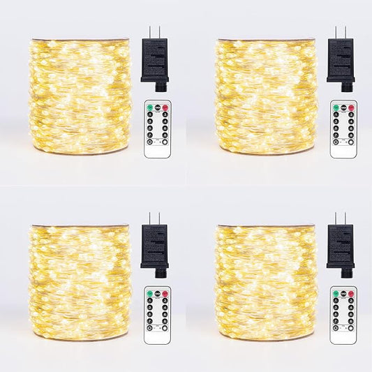 Fairy Lights Plug in,4Pack 100FT 300 LEDs Waterproof Led String Lights,Twinkle Light with 8 Modes Remote for Outdoor Indoor Christmas Wedding Birthday Garden Party Decorations,Warm White