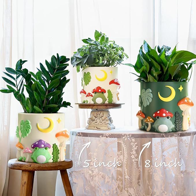 GUGUGO 8 Inch Colorful Frog Garden Planters Cute Unique Rainbow Planter with Drainage, Vintage Retro Mushroom Flower Plant pots for Indoor Plants, Eclectic Succulent Gardening Pot for Home Décor-B