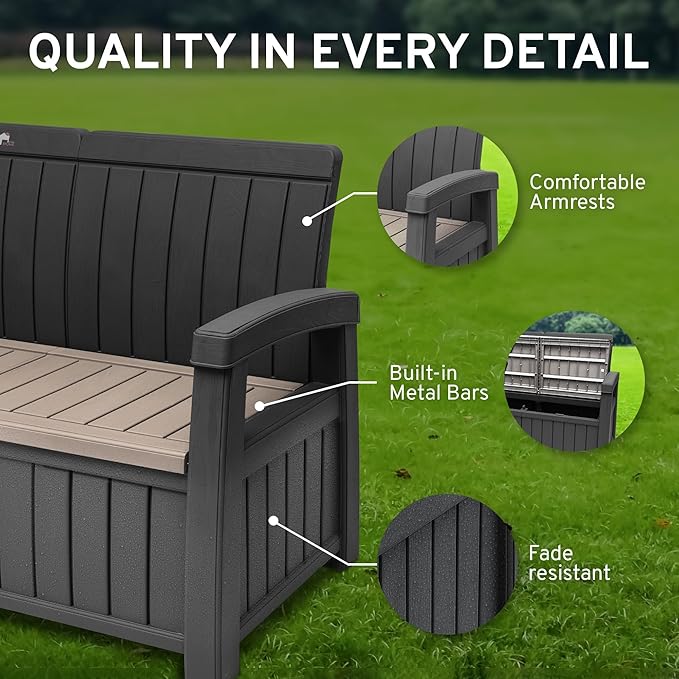 EconoHome 3 Seat Outdoor Storage Bench with Rain Cover - 90 Gallon Capacity - Weatherproof Resin Bench for Patio, Porch, Garden, Yard, Pool Area - Furniture for Pool Accessories, Gardening Tools