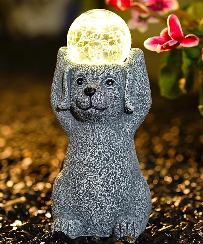 Solar Cute Dog Statue Holding Cracked Glass LED Lights – Funny Resin Dog Decor Garden Decorations for Patio,Balcony,Yard,Birthday Gifts for Women Mom