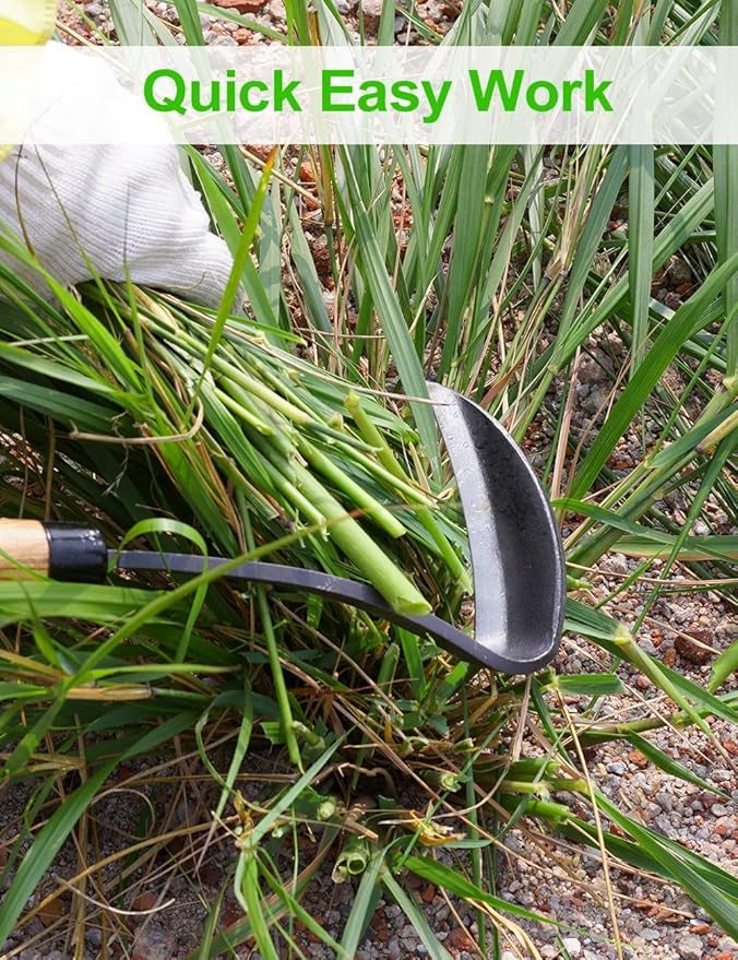 Japanese Weeding Sickle Hoe, 17" Gardening Hand Weeder Nejiri Kama Blade Tool Digging and Cutting Weed Remover, High-Carbon Steel One-Piece Molding with Hard Wood Handle, Very Sharp Edge Quick Work