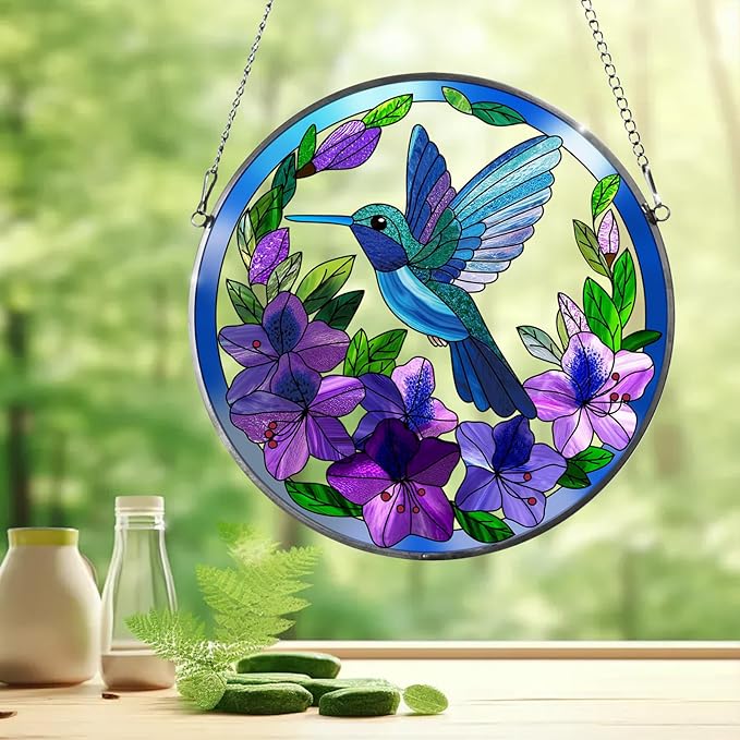 Stained Glass Sun Cather for Window Hanging, 6.3'' Hummingbird Window Ornament for Indoor Outdoor, Hand Painted Stain Glass Gift for Women, Bird Nature Lovers