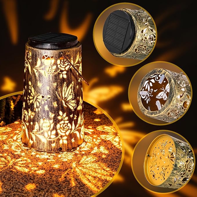 Solar Lanterns Butterfly Pattern Outdoor Waterproof Metal Garden Yard Backyard Porch Table Pathway Decor Warm Cool Light for Women Grandma Gifts 1pc