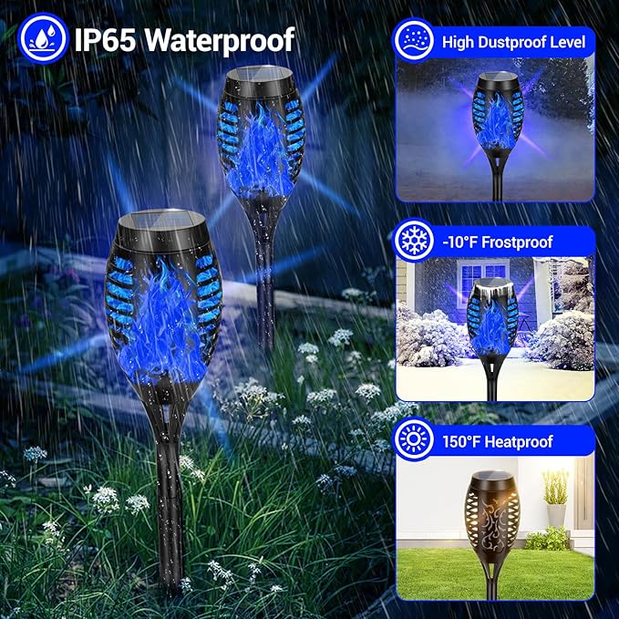 Solar Lights Outdoor, Upgraded 10 Pack Blue Solar Torch Light with Flickering Flame for Garden Decor, Waterproof Outdoor Lights Solar Powered, Tiki Torches for Outside Yard Patio Pathway Decor