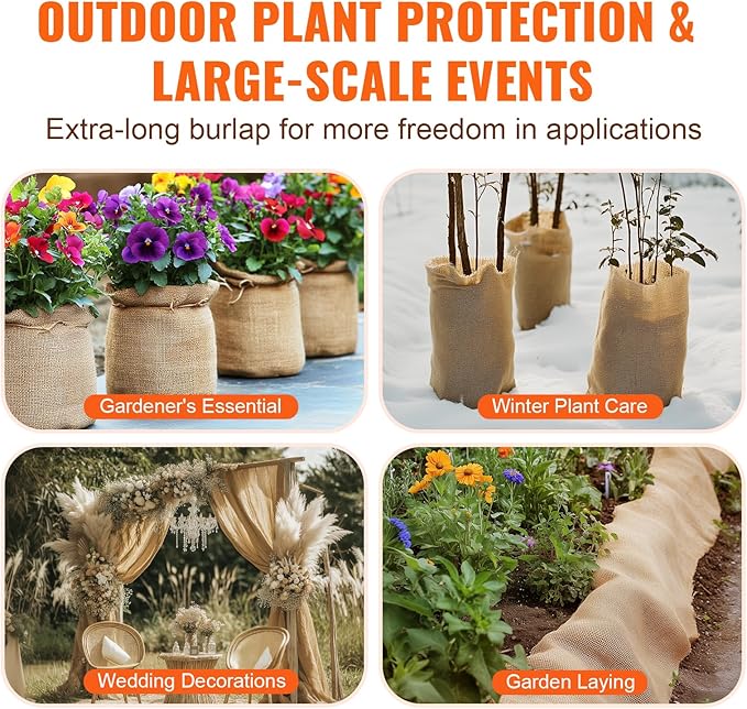 VEVOR Burlap Fabric Roll, 40” x 300 ft High Density Natural Jute Fiber Material for Outdoor Plant Care, Tree Wrap Roll, Decor, DIY Crafts, Wedding, Garden Weed Barrier, Plants & Trees Winter Covering