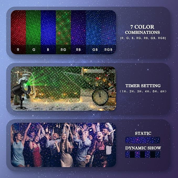 Christmas Laser Light Projector - Outdoor Projector Laser Lights Waterproof Remote Control, Red Green and Blue Star Show Decorations for Holiday Party Garden