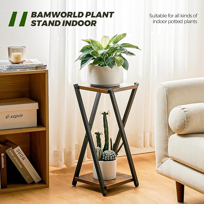 Bamworld Corner Plant Stand Indoor Small Plant Shelf 2 Tier Flower Stand Wood Plant Table Metal Plant Rack for Multiple Plant Heavy Duty Flower Pot Stand for Living Room Bedroom Balcony Garden Patio