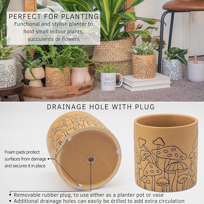 BASE ROOTS Mushroom Planter, Speckled Terracotta, Indoor/Outdoor, Holds Small Plants