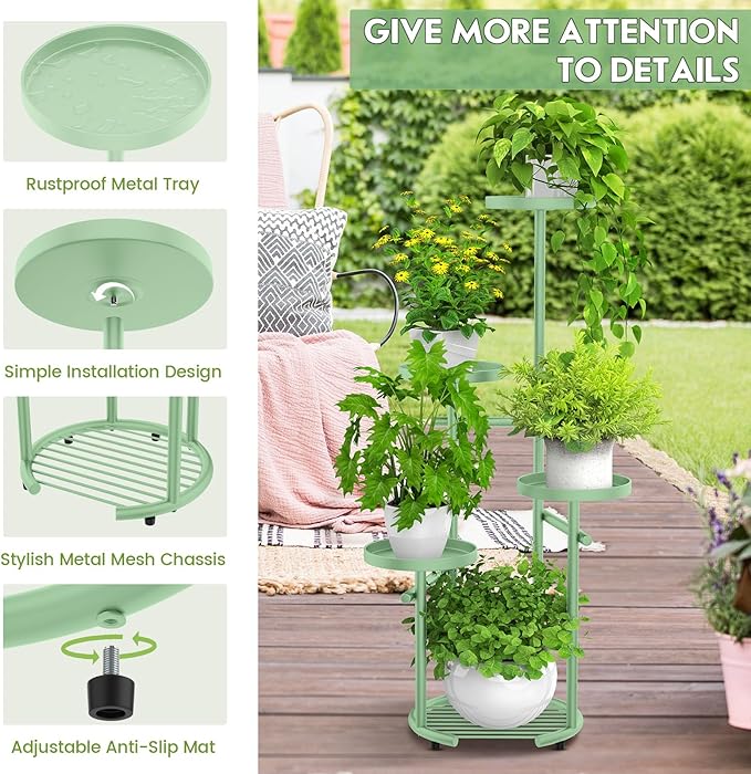 TOSKING 5 Tier Metal Plant Stand Indoor， Plant Shelf, Corner Shelf Flower Pot Stand for Outdoor Plant Stand for Living Room Balcony Garden Patio Bedroom (Green, 42inches)