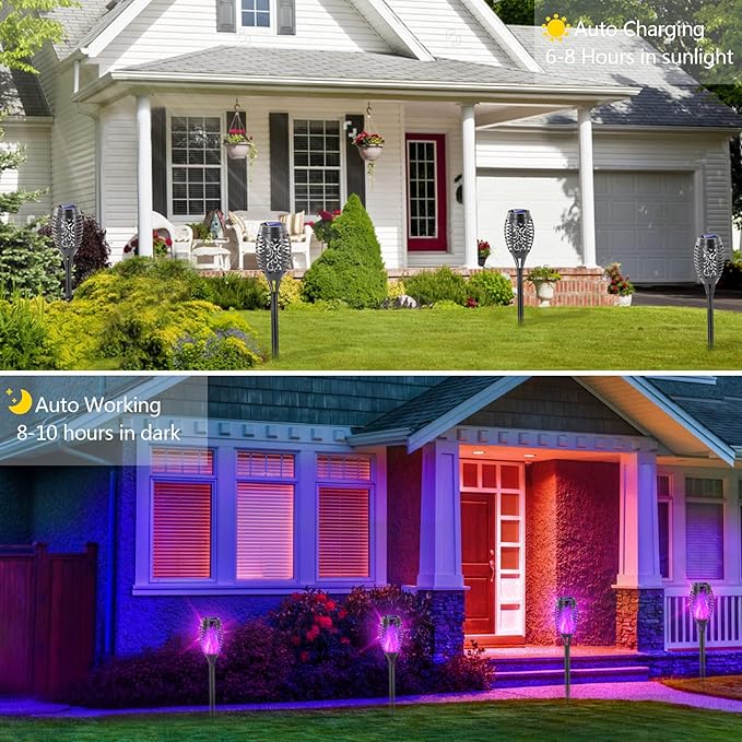 EOYIZW Solar Outdoor Lights, 8 Pack Purple Halloween Decorations Outdoor, Waterproof Mini LED Solar Tiki Torches for Outside Light for Halloween Garden Yard Porch Lawn Decor